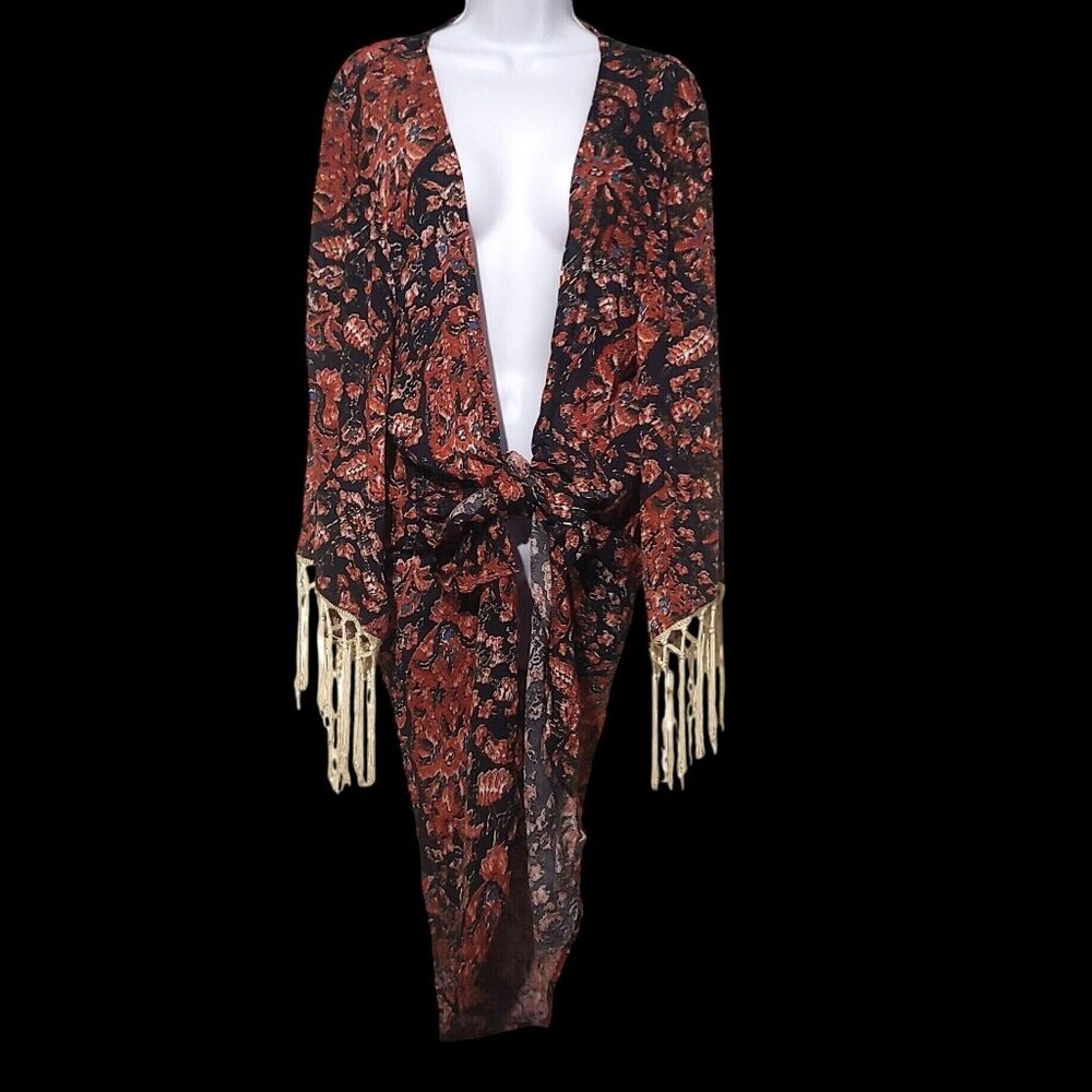 L & B Lucky & Blessed Floral Fringe Hippie Retro Layer Trendy Cardigan Duster L